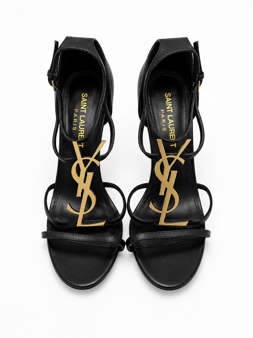 Saint Laurent Cassandra YSL Logo Leather Sandals Heels Black Gold 38 NWOB Italy